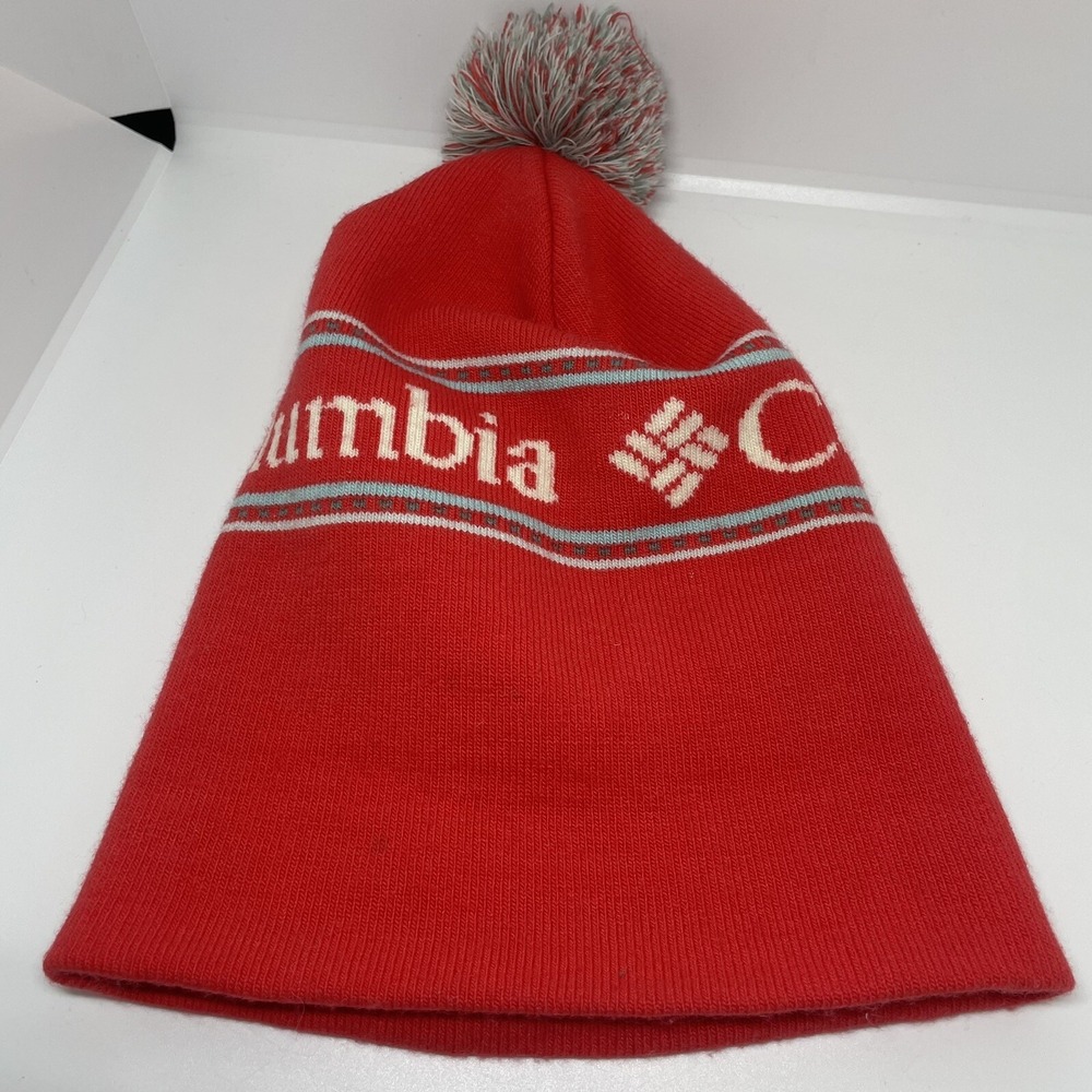 Columbia Women's Red Spell Out Logo Pom Pom Beanie Toboggan Y2K